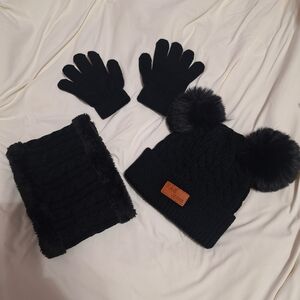 FAS JEANS Kids Black Winter Hat, Scarf, and Gloves Set